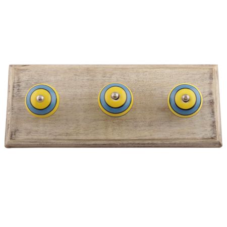 Turquoise And Yellow Striped Ceramic Wooden Hooks